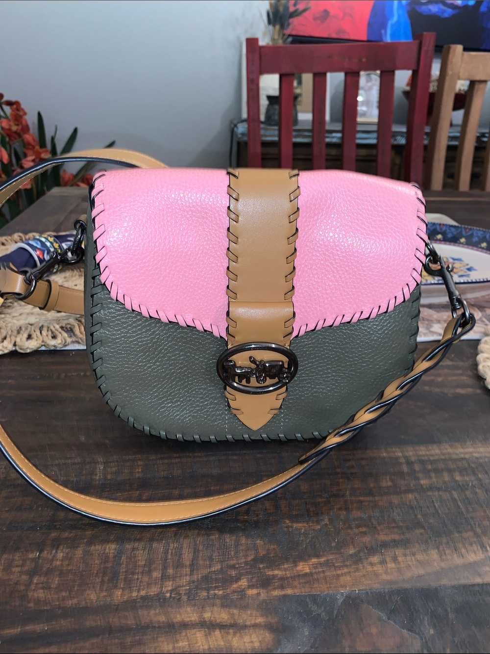 Coach Georgie Saddle Bag Pink & Olive Colorblock Crossbody w Whipstich Tan Trim
